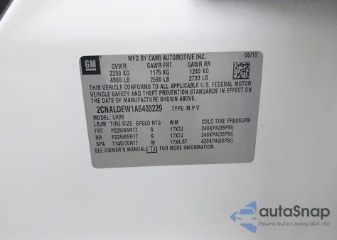 2010 Chevrolet Equinox Lt z USA, uszkodzony, nr VIN 2CNALDEW1A6403229